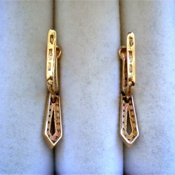 Vintage Soviet USSR Solid 14K 585 Yellow Gold Diamond Cluster Dangle Earrings - Picture 4 of 4